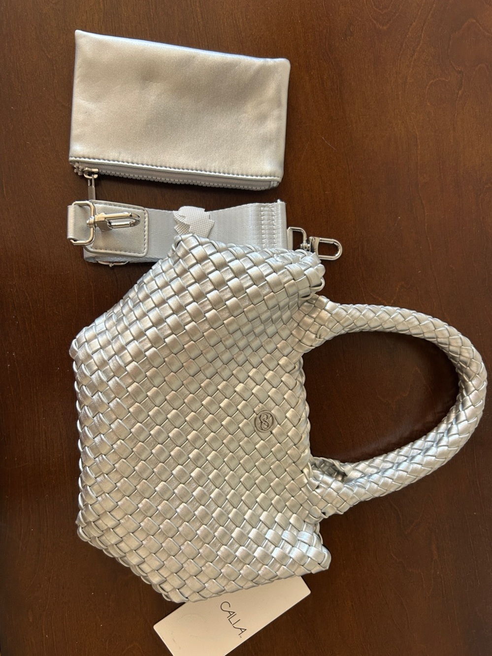 NWT Calia Woven Metallic Silver Top-Handle Women’s Bag with Detachable Strap